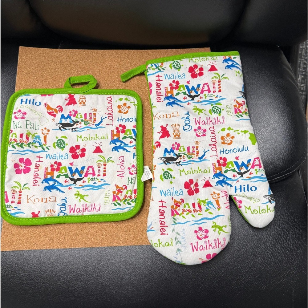 Island Heritage Hawaii Oven Mitt Pot Holder Set OS Multicolor Excellent Tropical